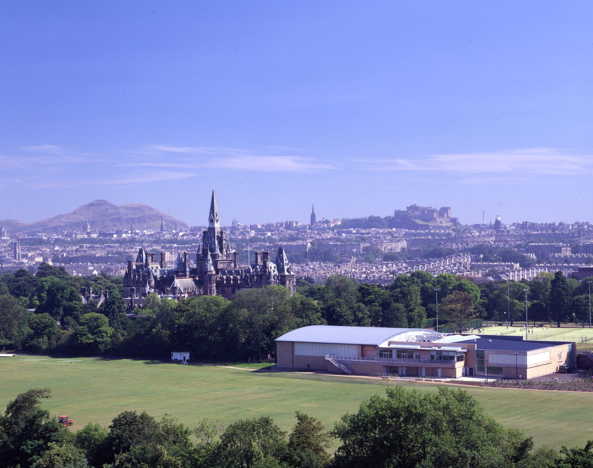 Aerial photo of Westwoods health Club and Fettes College from the rear pitches within the ground of Fettes College