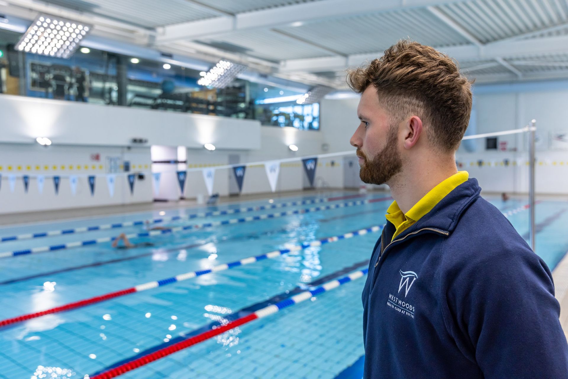 Westwoods health club lifeguard looking over the 25meter 6 lane pool